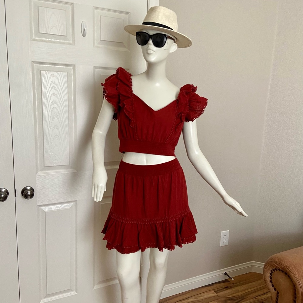 Express Rust Burgundy Linen Ruffle Top and Skirt Set Size Medium - Picture 3 of 11